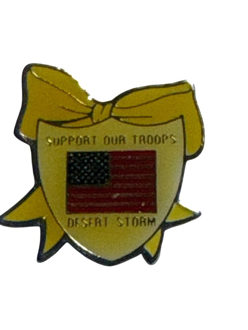 Support Our Troops Desert Storm Lapel Pin Yellow Ribbon Metal Enamel Vintage
